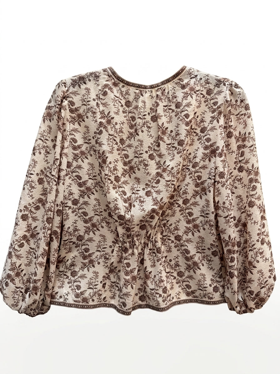 Max Studio · Balloon Sleeve CreamFloral Pleated Blouse · Small · CreamFloral
