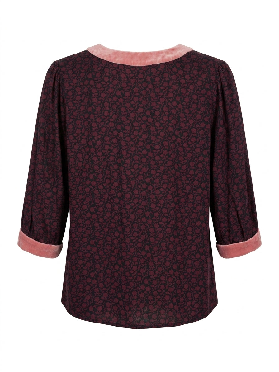 Boden · 3/4 Sleeve Velveteen Trim Blouse · Small · Burgundy Pink Floral Print