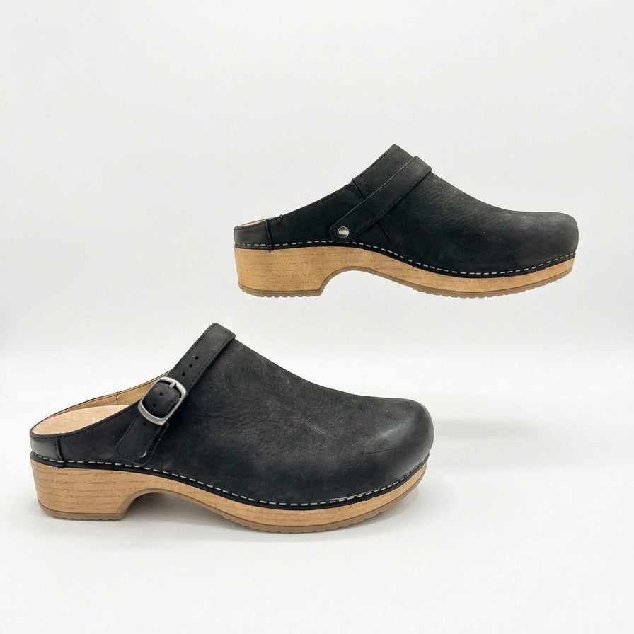 Dansko · Berry Burnished Nubuck Clogs w/ Buckle Detail · 8.5 · Black