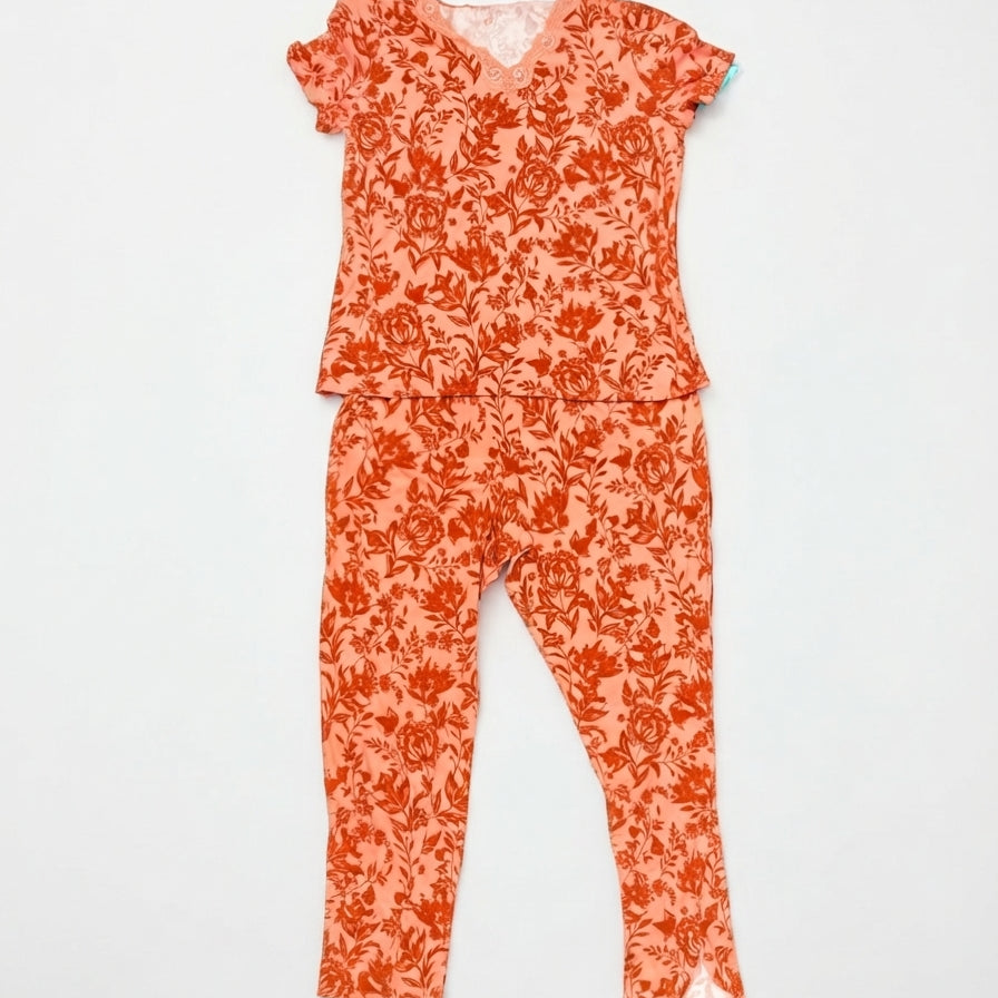 LizClaiborne · 2 Pc Sleep Set, Lace trim, short sleeve pants set · Medium · Coral Orange