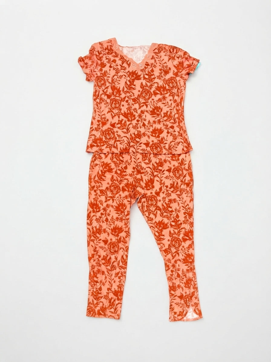 LizClaiborne · 2 Pc Sleep Set, Lace trim, short sleeve pants set · Medium · Coral Orange