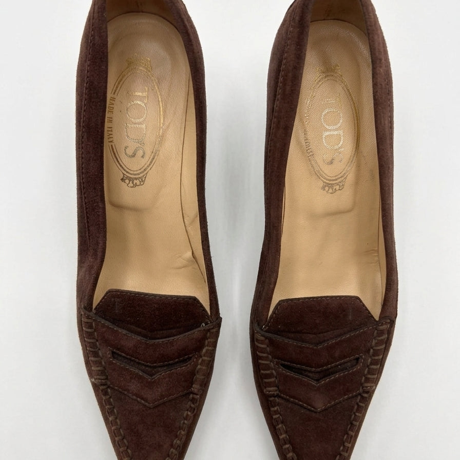 Tod's · Penny Loafer Kitten Heel Pumps · 8.5 · Brown Suede