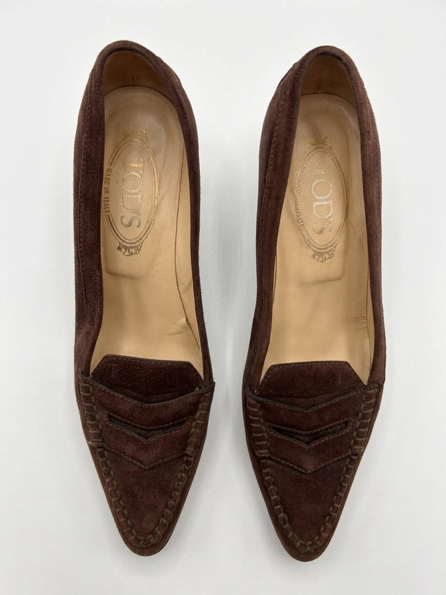 Tod's · Penny Loafer Kitten Heel Pumps · 8.5 · Brown Suede