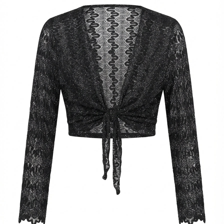 Banzai · Sheer Metallic Tie Front Shrug · L/XL · BlackSilver