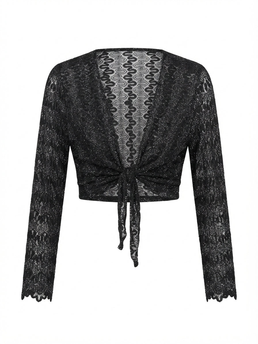 Banzai · Sheer Metallic Tie Front Shrug · L/XL · BlackSilver