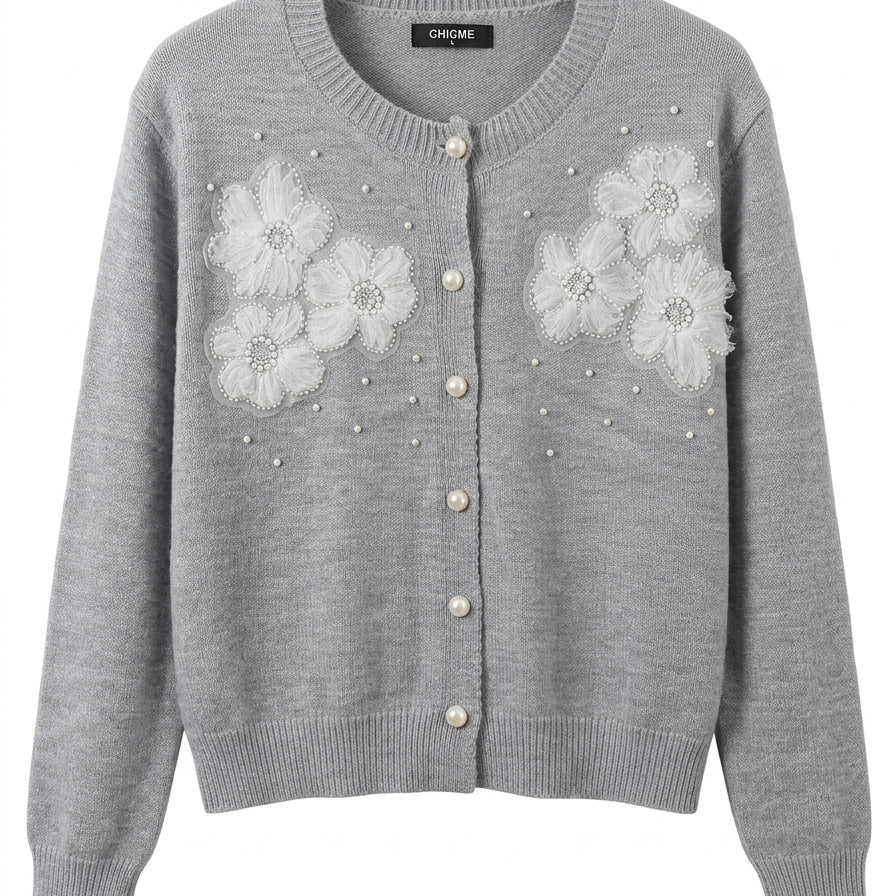 CHICME · FashionCardigan Beaded mesh floral · Large · Gray