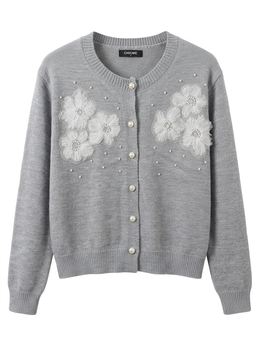 CHICME · FashionCardigan Beaded mesh floral · Large · Gray