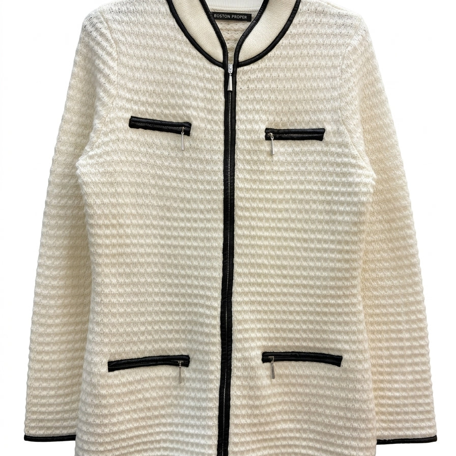 Boston Proper · Zip Up Cardigan · Medium · CreamBlk