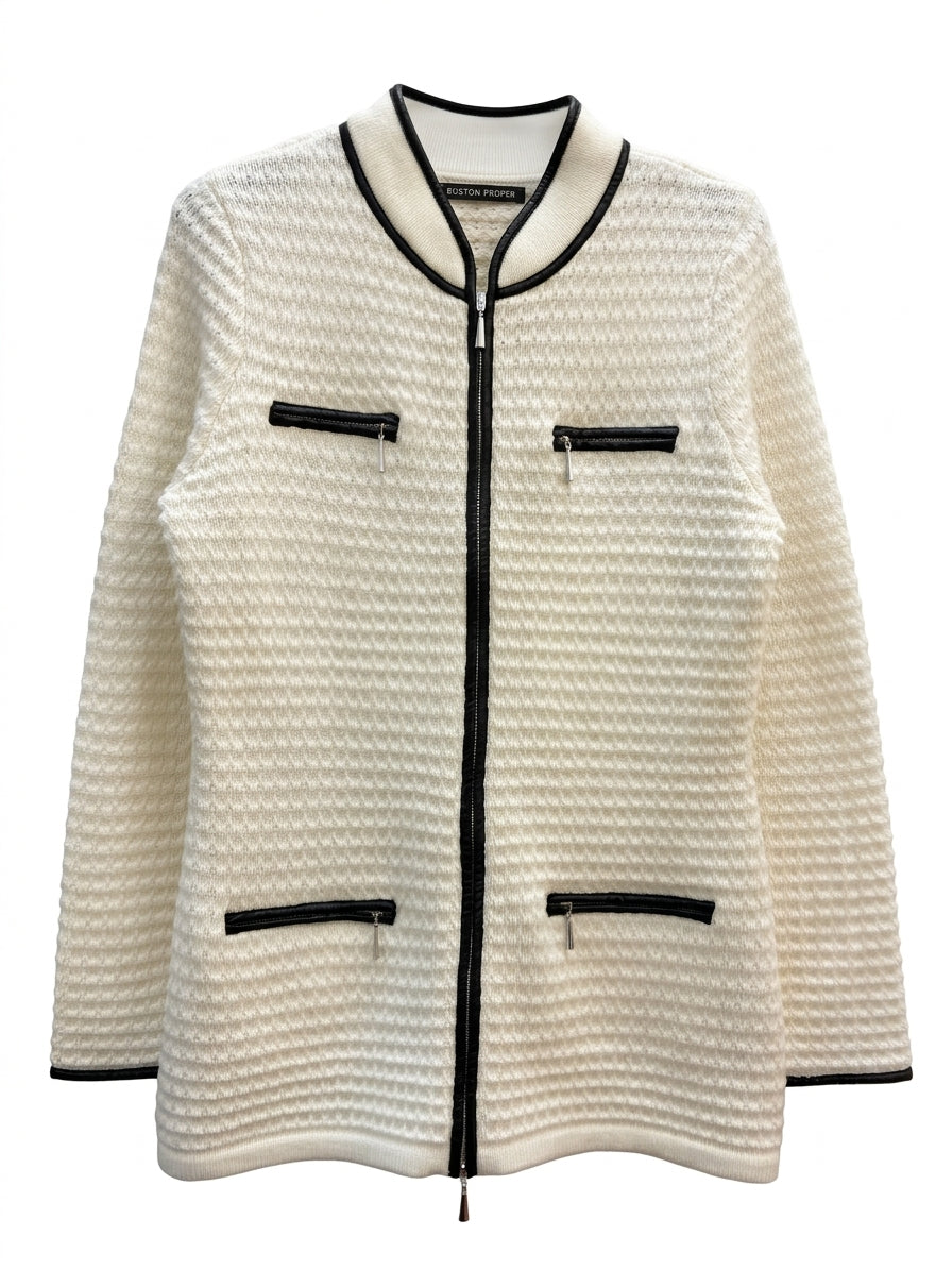 Boston Proper · Zip Up Cardigan · Medium · CreamBlk