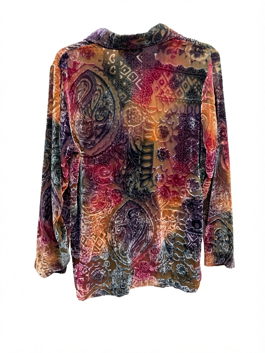 Mirasol · Velvet Burnout Button Up w/ Collar · M · Orange/Purple Multi-color