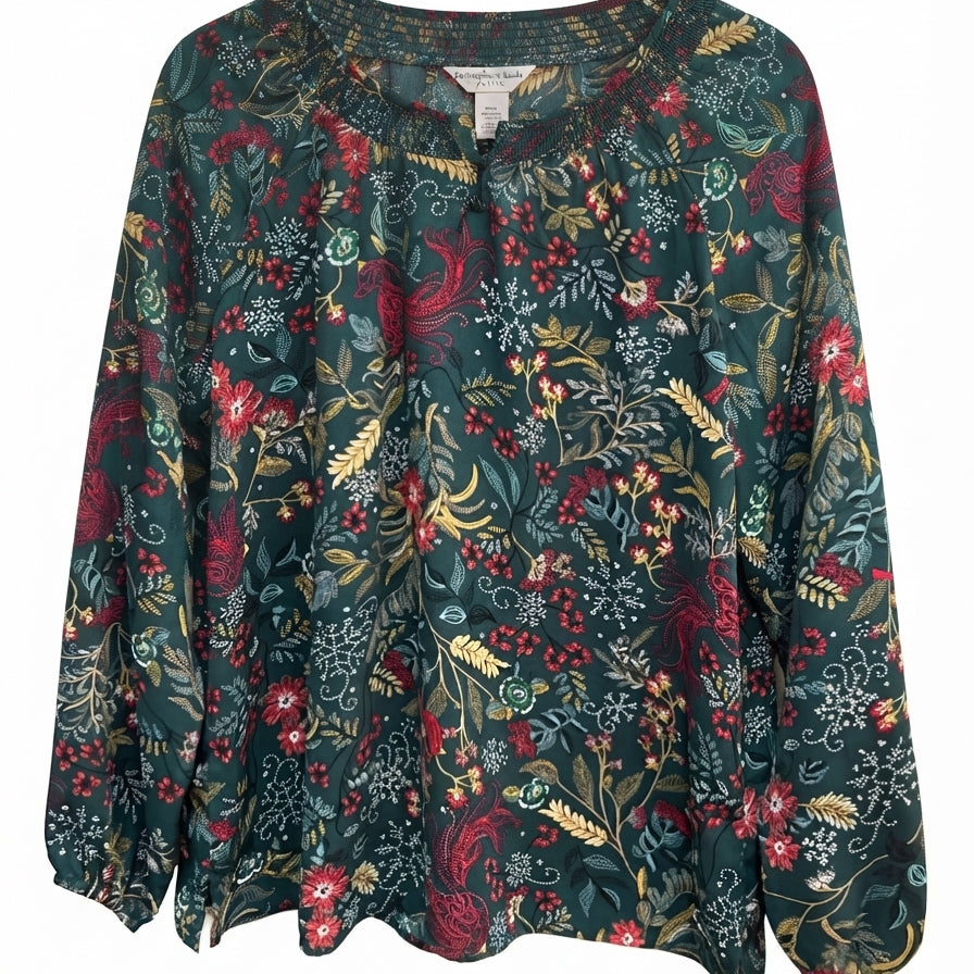 Chris&Banks · Balloon Sleeve Ivy Floral Smocked Hidden Snowflakes · Medium Petite · Dark Green Multi
