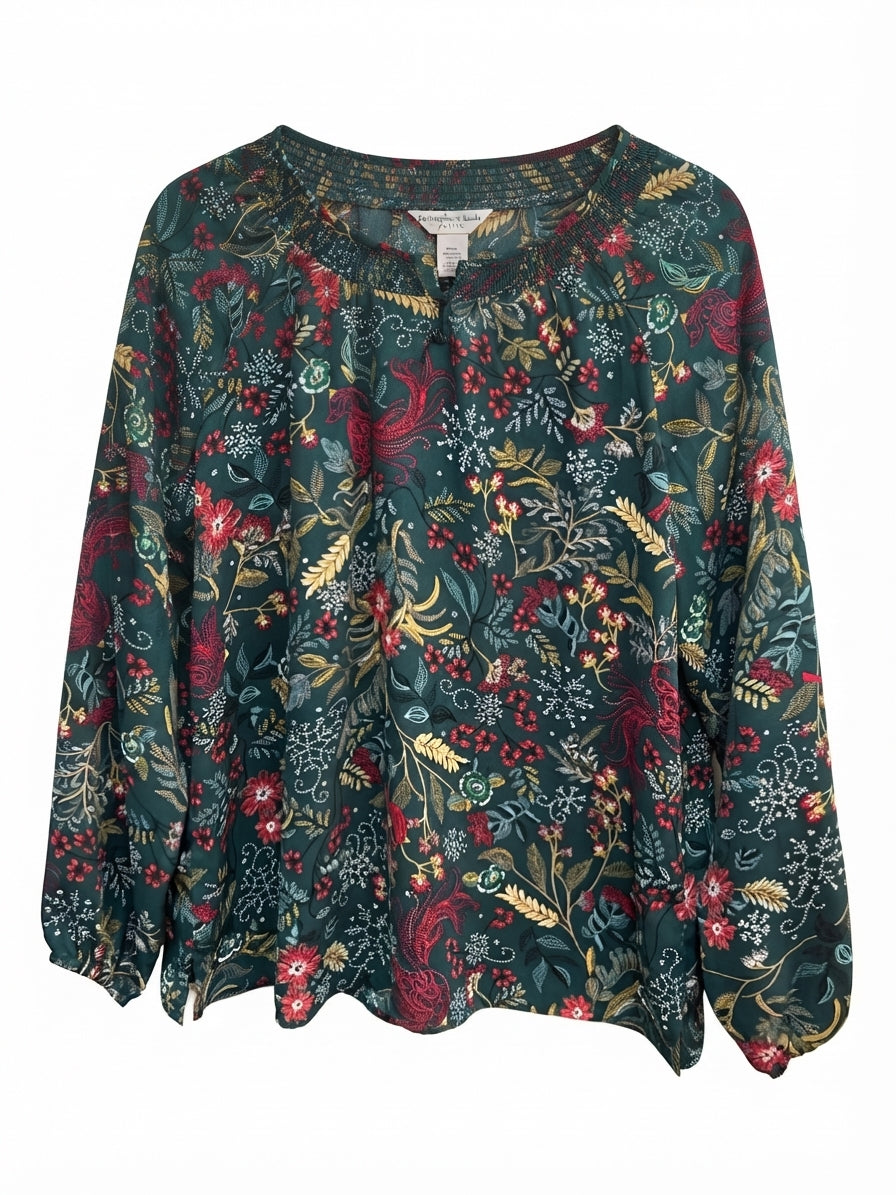 Chris&Banks · Balloon Sleeve Ivy Floral Smocked Hidden Snowflakes · Medium Petite · Dark Green Multi