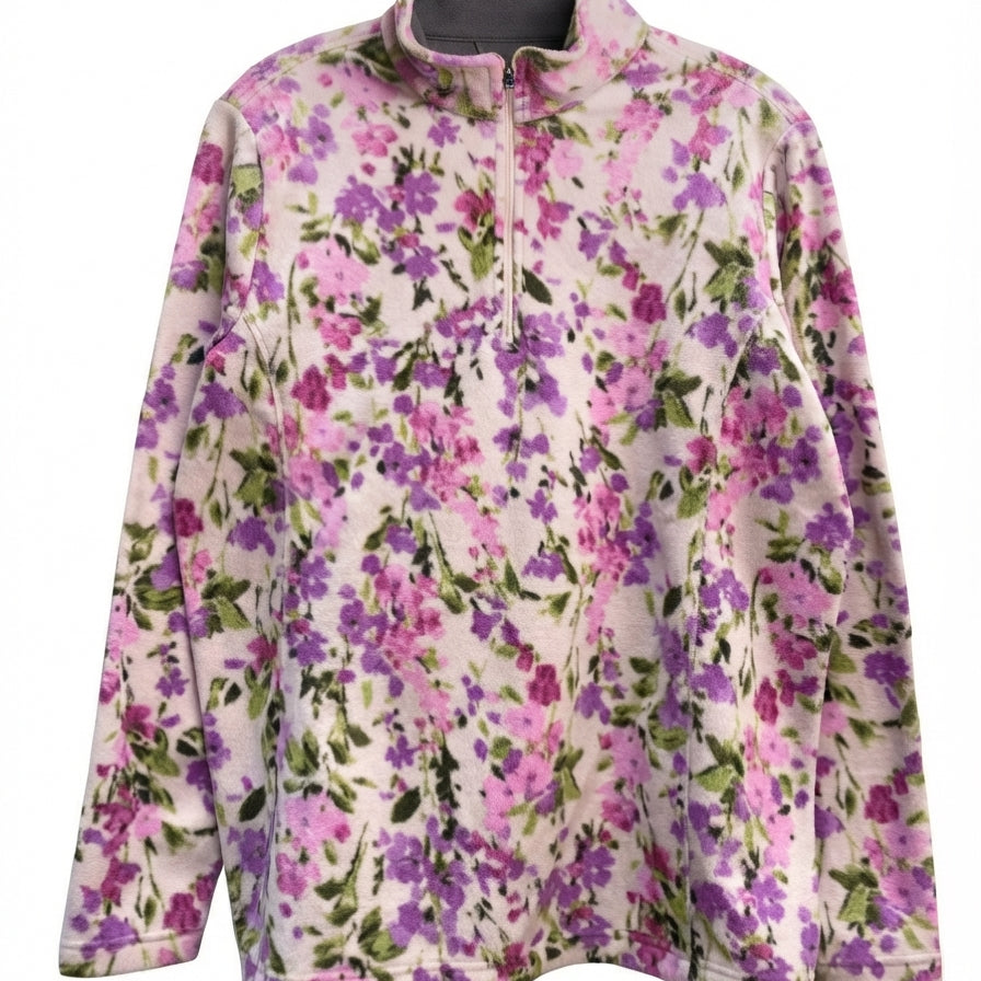 LandsEnd · Fleece Quarter Zip · Large · PinkFloral
