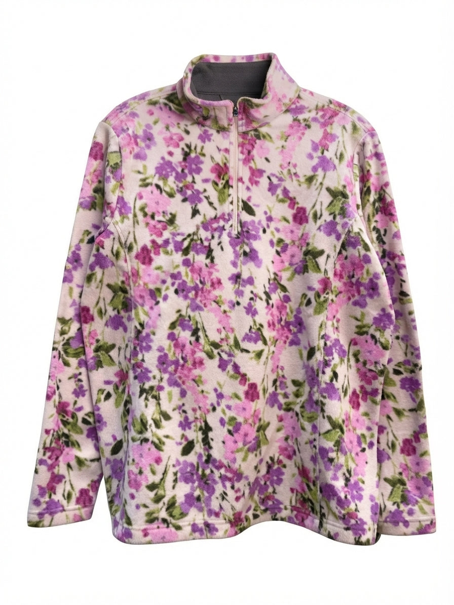 LandsEnd · Fleece Quarter Zip · Large · PinkFloral