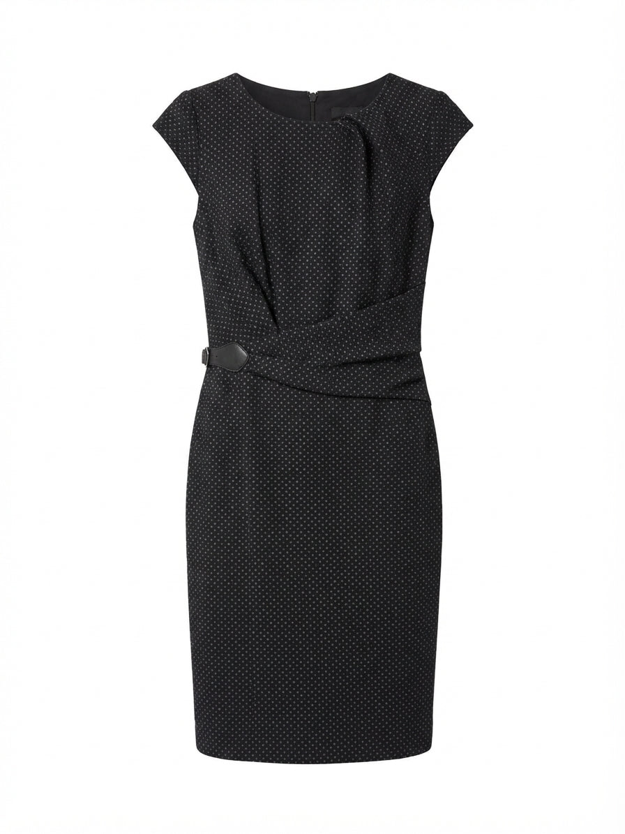 Ann Taylor · Cap Sleeve Dress with Polka-Dots and Leather Side Belt Detail · 6 · Black