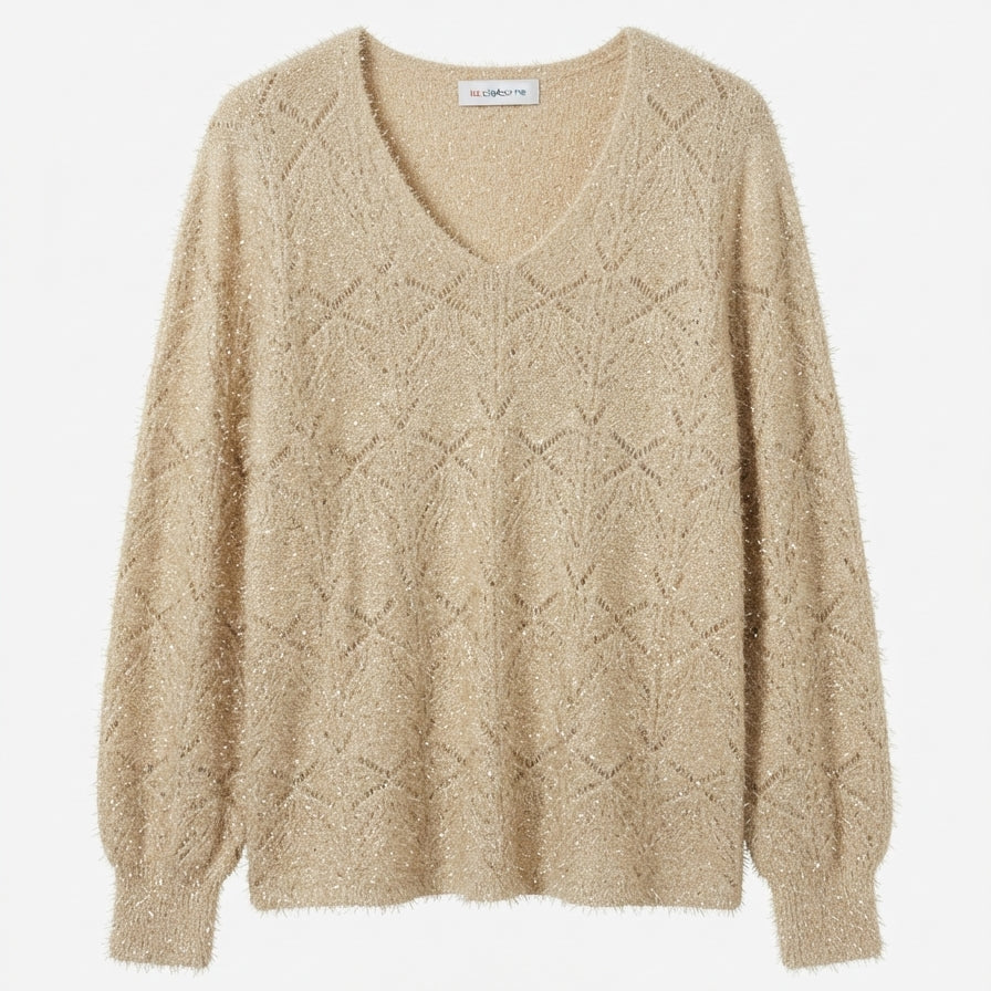 LizClaiborne · Picot Knit · Large · Beige/Gold Metallic Sparkly