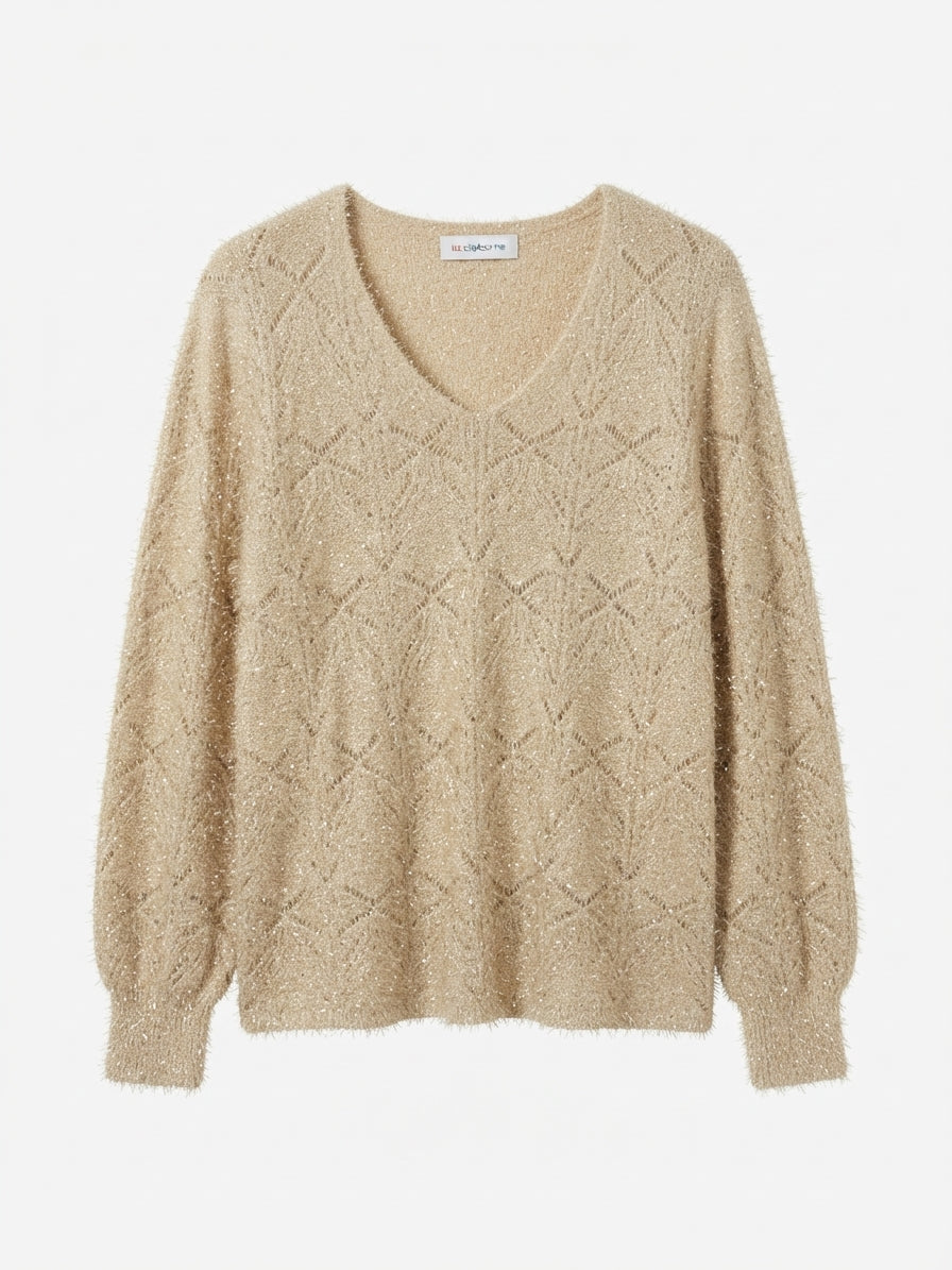 LizClaiborne · Picot Knit · Large · Beige/Gold Metallic Sparkly