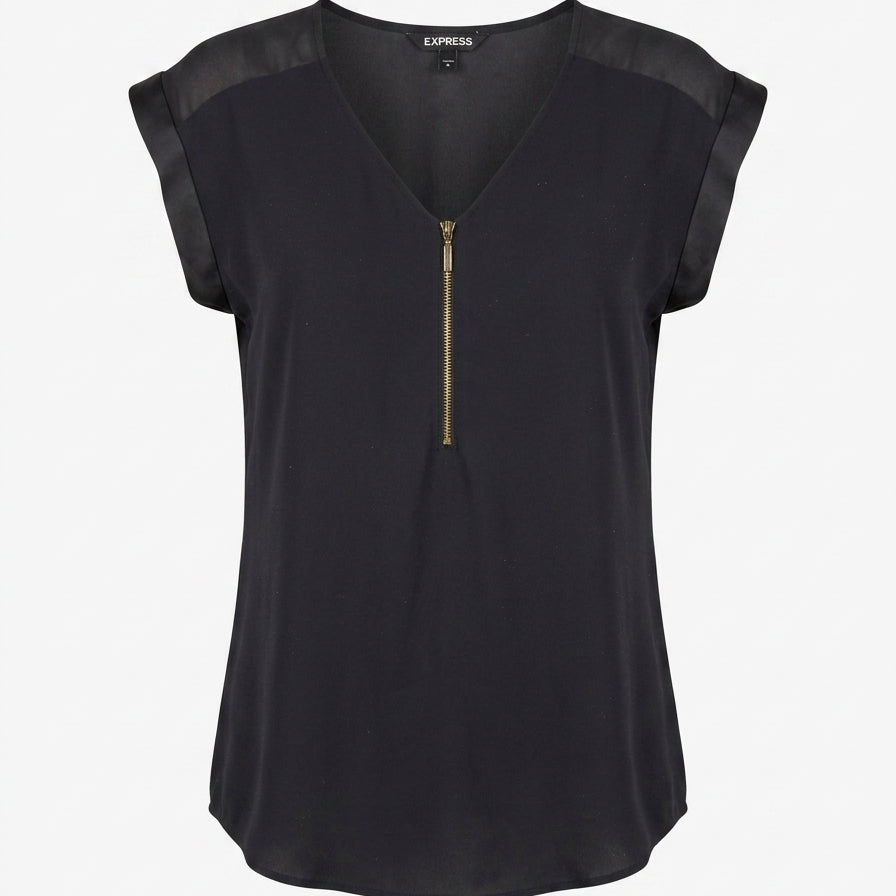 Express · Cap Sleeve Top with Zipper Detail · Small · Black