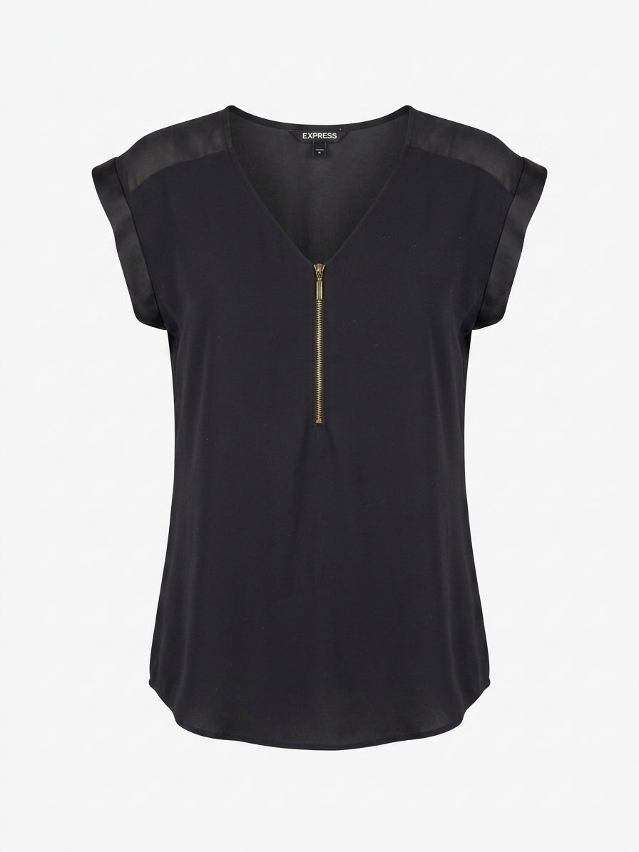 Express · Cap Sleeve Top with Zipper Detail · Small · Black