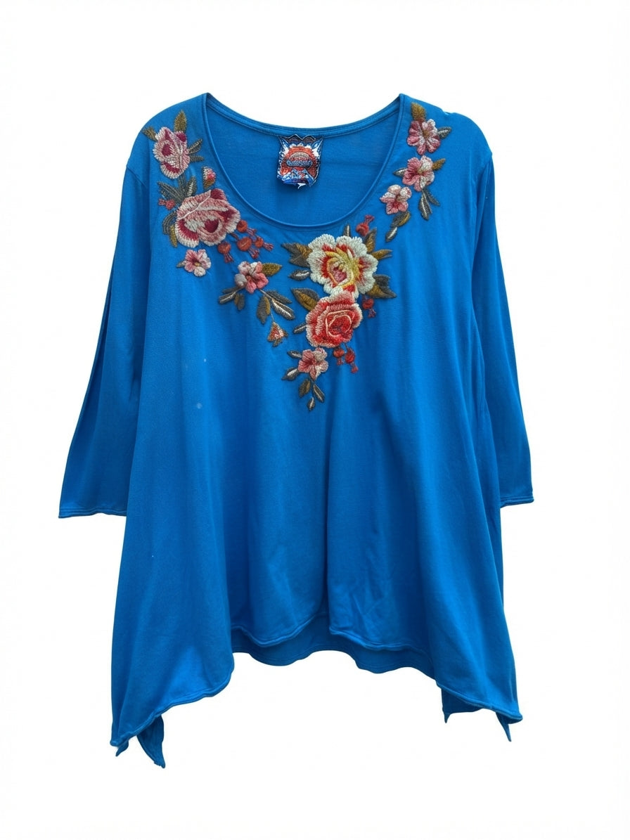 Johnny Was · Blue Floral Embroidered 3/4 Sleeve Tunic Top · Large · Blue