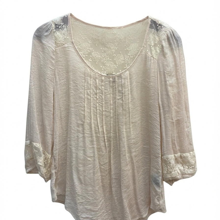 EAM · Lace Overlay 3/4 Sleeve Blouse · M · Ecru
