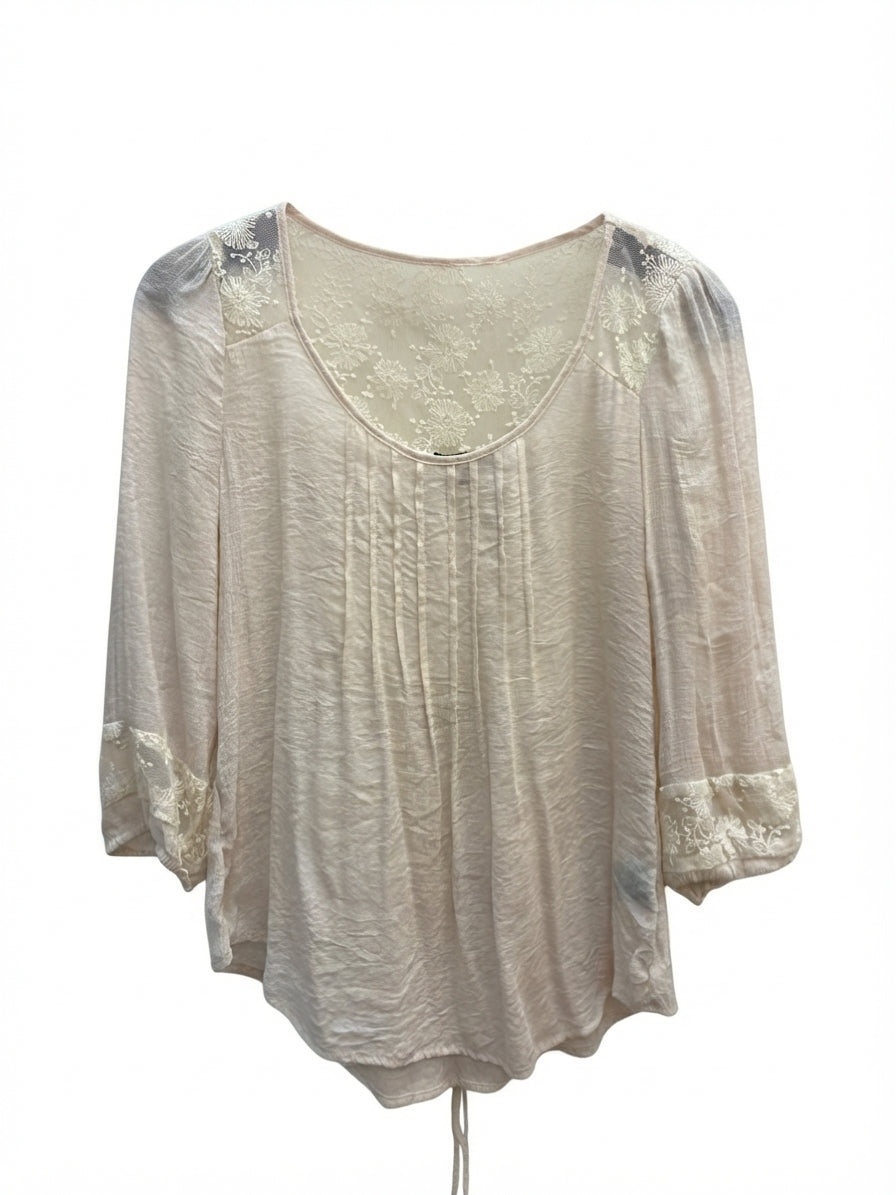 EAM · Lace Overlay 3/4 Sleeve Blouse · M · Ecru