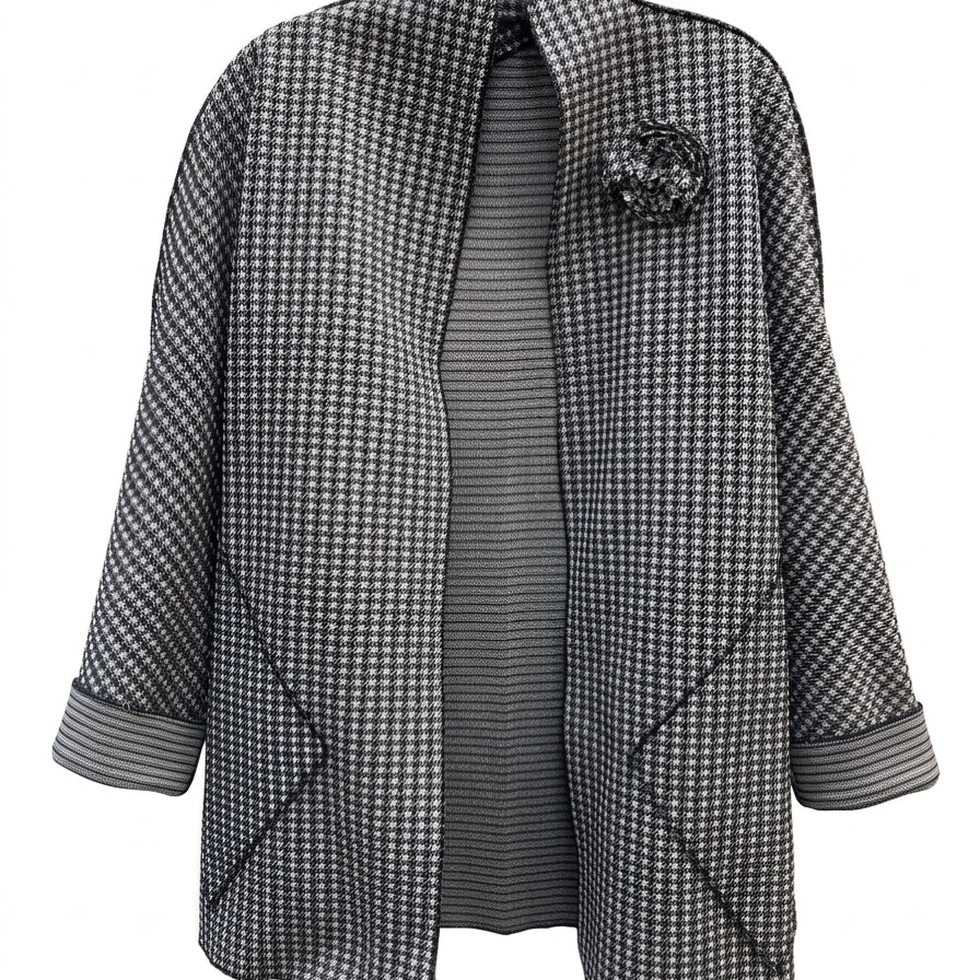 The Clothes Rack · Open Drape Cardigan · 1X/2X · Black and White Houndstooth