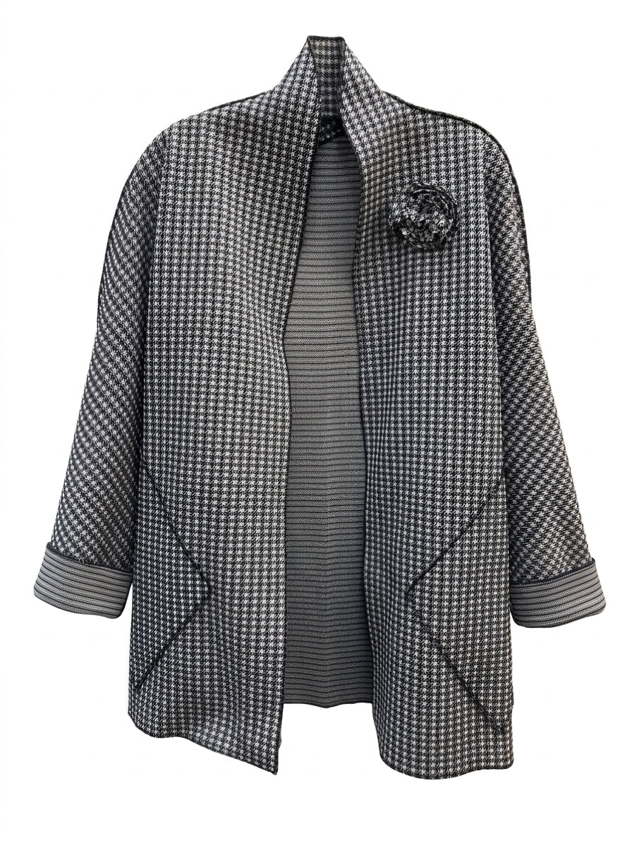 The Clothes Rack · Open Drape Cardigan · 1X/2X · Black and White Houndstooth