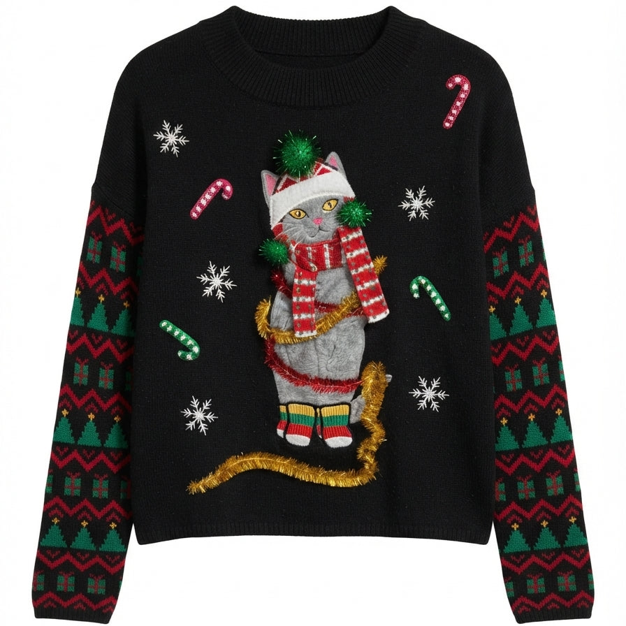 33 Degrees · Cat Christmas Sweater · XLarge · Black Multi