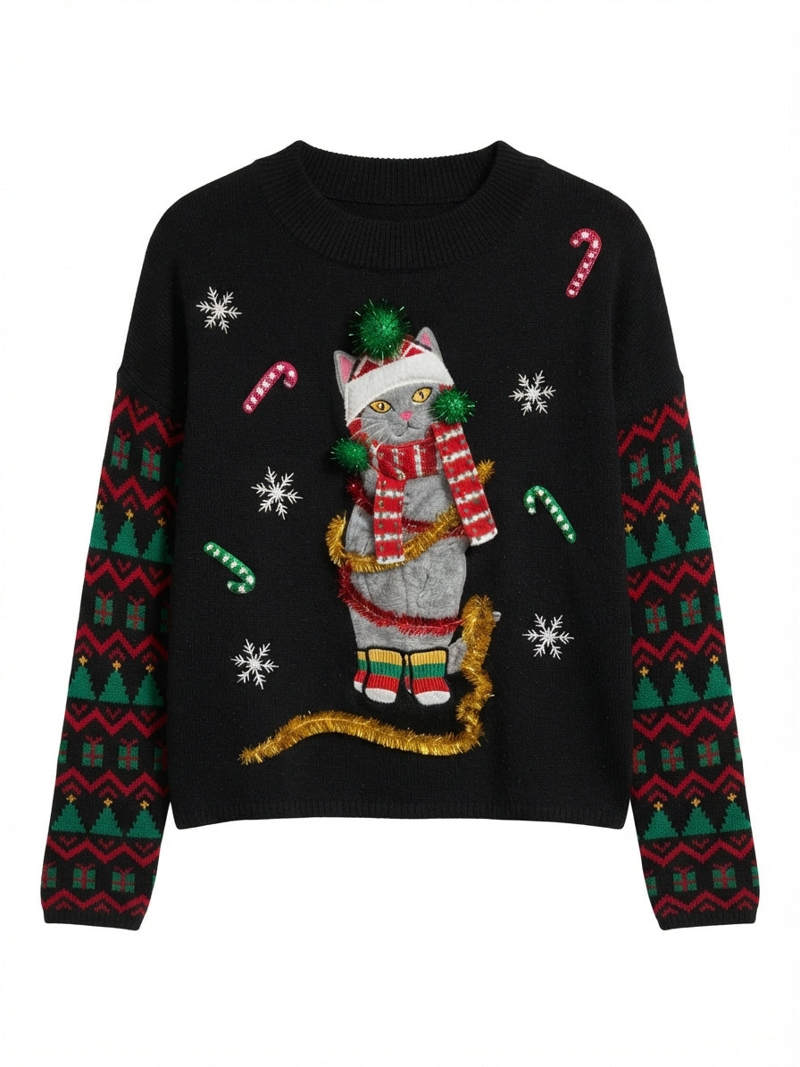 33 Degrees · Cat Christmas Sweater · XLarge · Black Multi