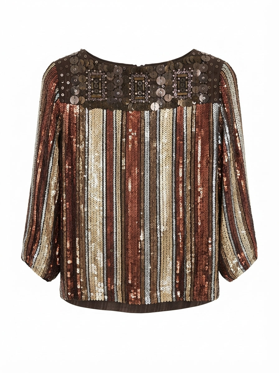 Badgley Mischka · Silk Beaded Sequin Metallic Stripe Blouse · Medium · BrownGold Metallic