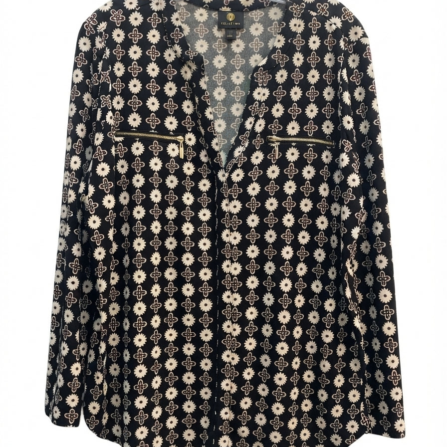 JMCollection · BlackCream Floral Split Neck · 1X · BlackCream