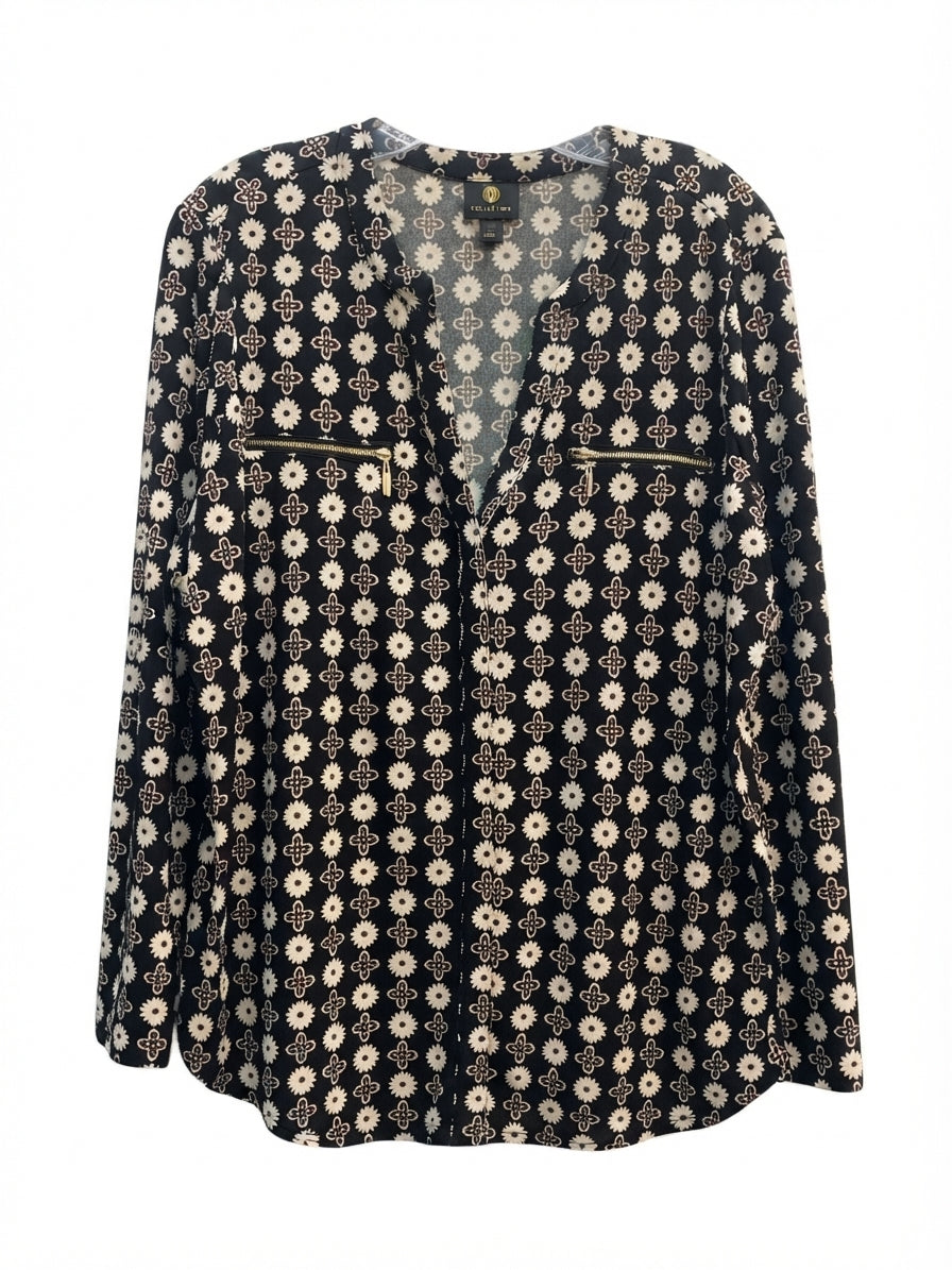 JMCollection · BlackCream Floral Split Neck · 1X · BlackCream