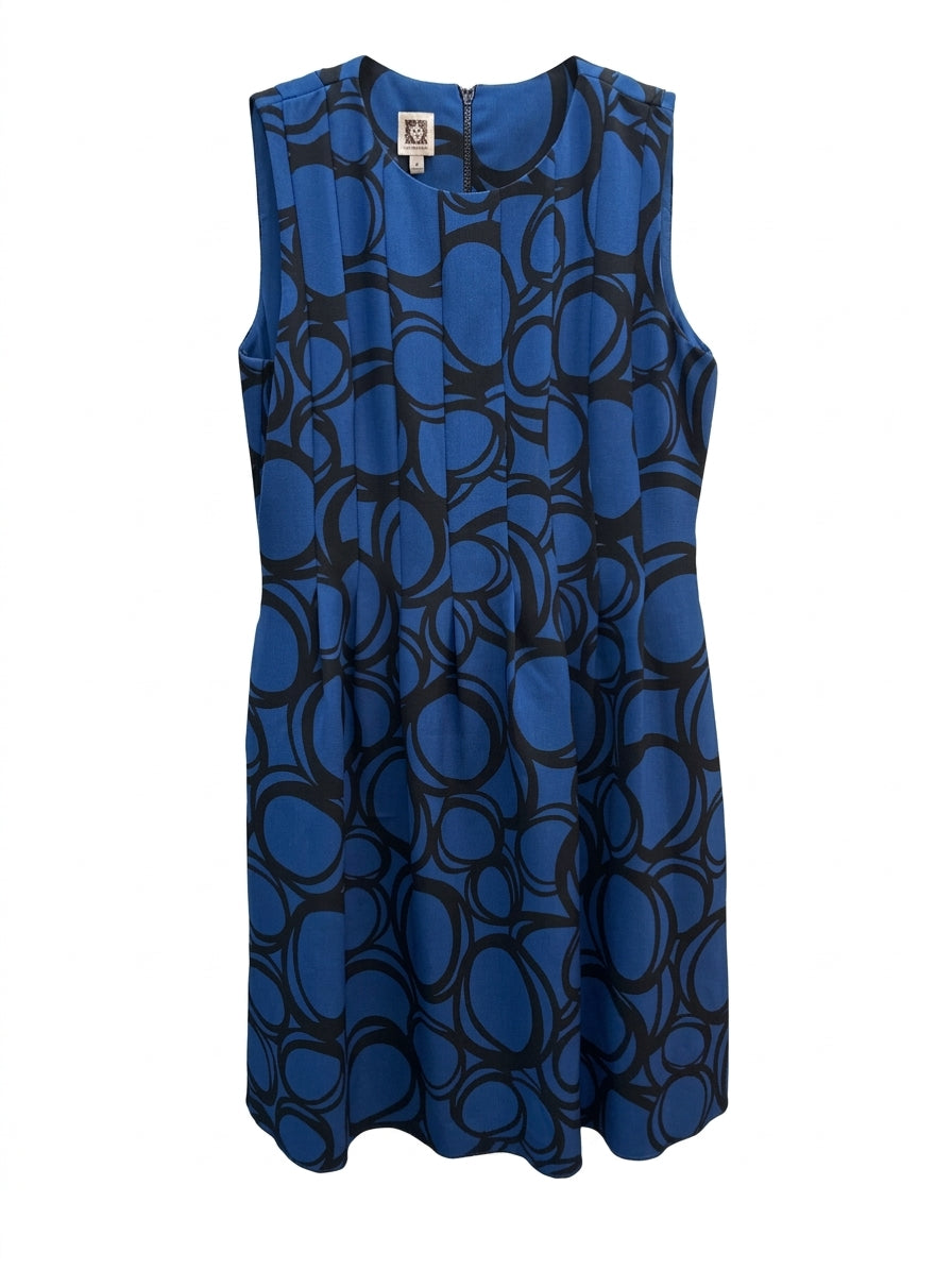 Anne Klein · Sleeveless Dress with Pleated Detail and Circle Pattern · 12 · Blue/Black