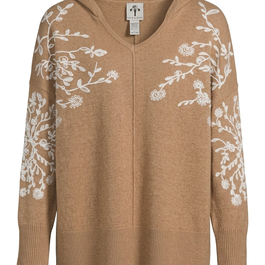 Rain&Rose · Hooded Embroidered Floral Detail · Large · MochaWhite