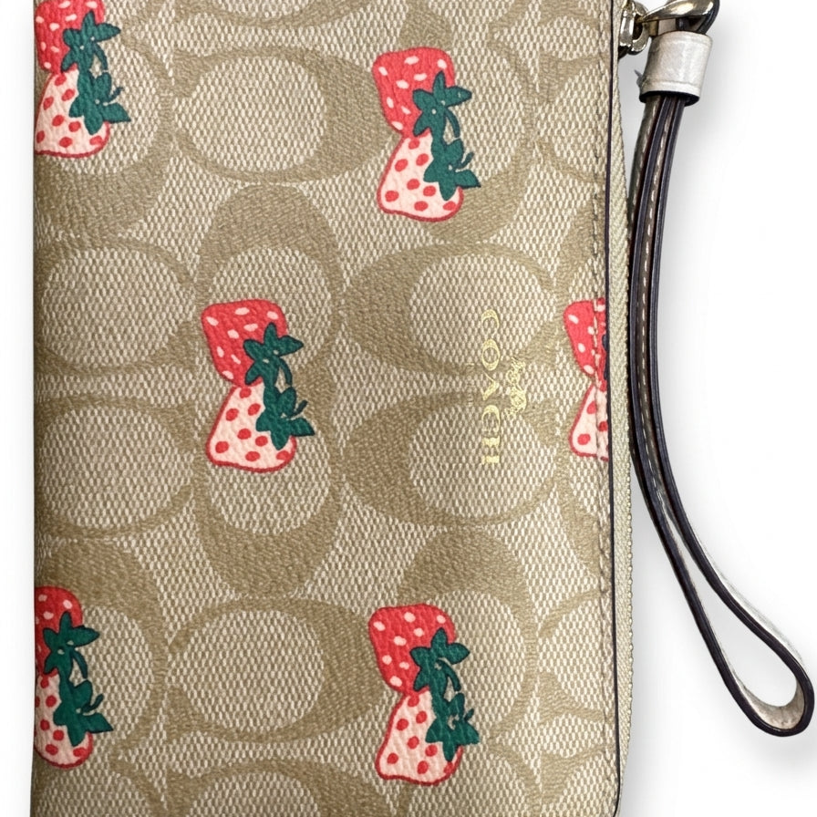 Coach · Zip Around Wristlet Strawberry Design · Wristlet · Tan with Red Strawberry Design