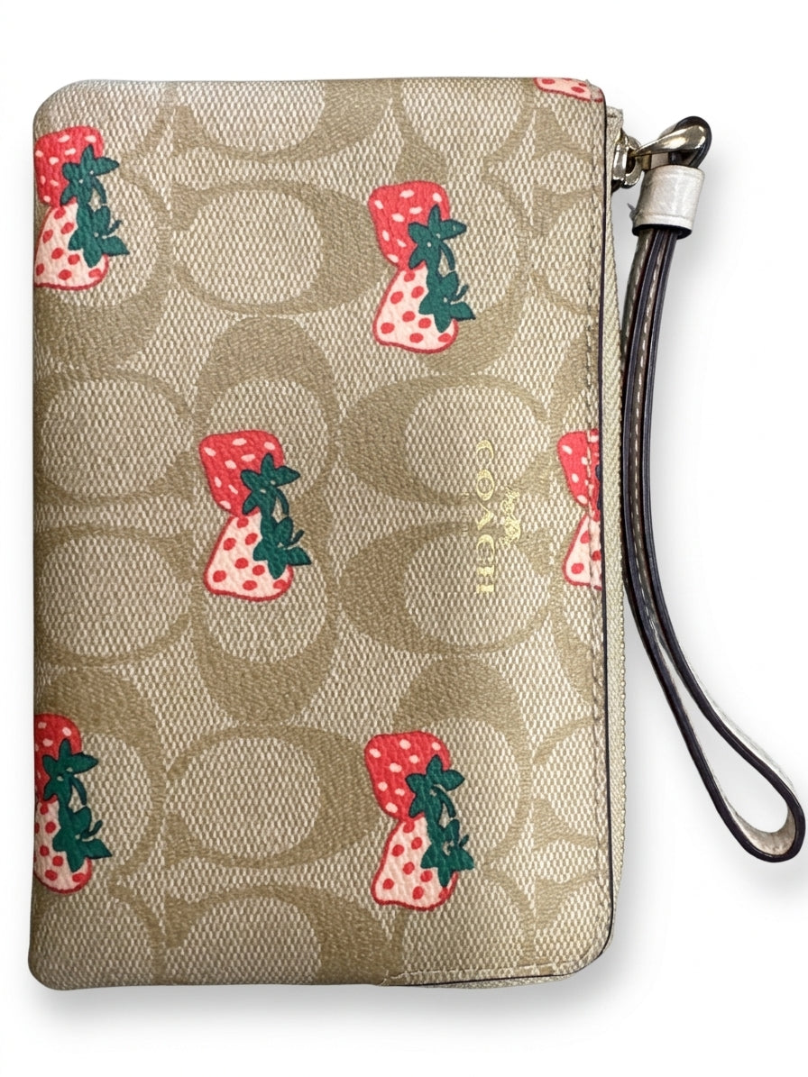 Coach · Zip Around Wristlet Strawberry Design · Wristlet · Tan with Red Strawberry Design