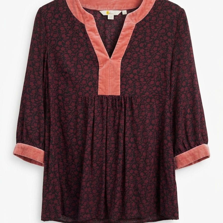 Boden · 3/4 Sleeve Velveteen Trim Blouse · Small · Burgundy Pink Floral Print