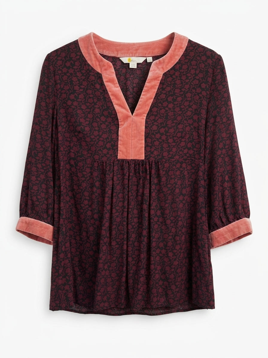 Boden · 3/4 Sleeve Velveteen Trim Blouse · Small · Burgundy Pink Floral Print