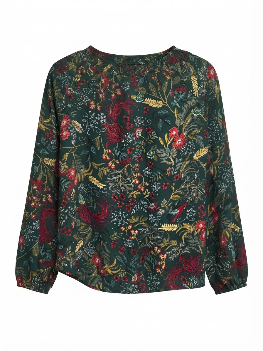 Chris&Banks · Balloon Sleeve Ivy Floral Smocked Hidden Snowflakes · Medium Petite · Dark Green Multi