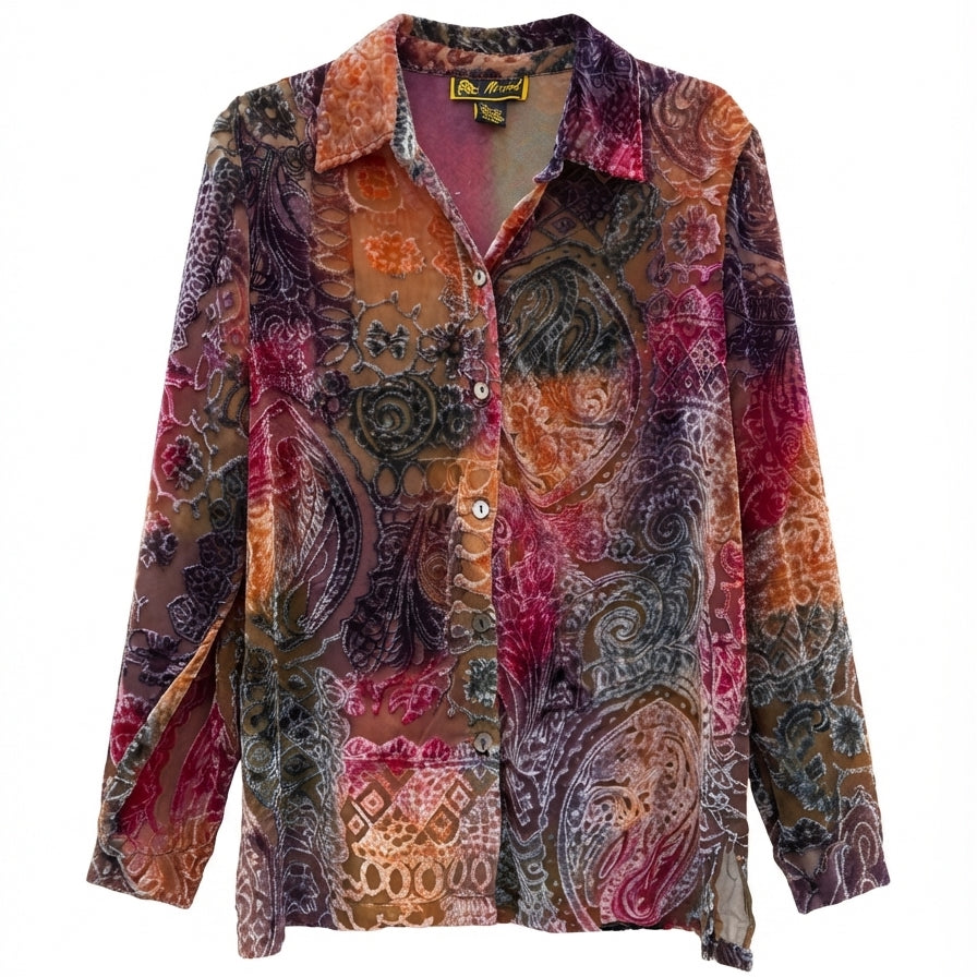 Mirasol · Velvet Burnout Button Up w/ Collar · M · Orange/Purple Multi-color