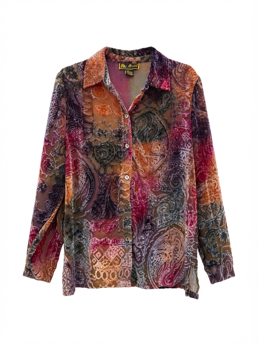 Mirasol · Velvet Burnout Button Up w/ Collar · M · Orange/Purple Multi-color