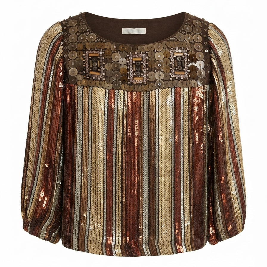 Badgley Mischka · Silk Beaded Sequin Metallic Stripe Blouse · Medium · BrownGold Metallic