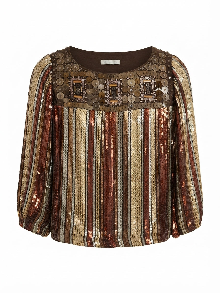 Badgley Mischka · Silk Beaded Sequin Metallic Stripe Blouse · Medium · BrownGold Metallic