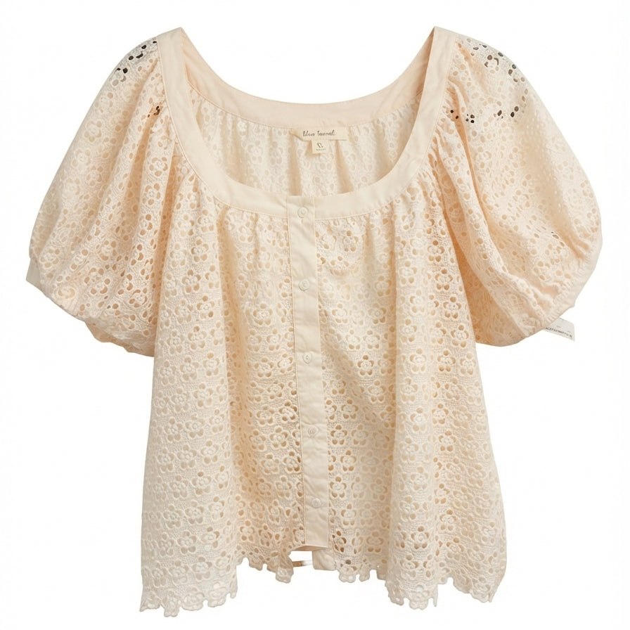 Anthropologie · Blue Tassel Lace Overlay Top · XLarge · Cream