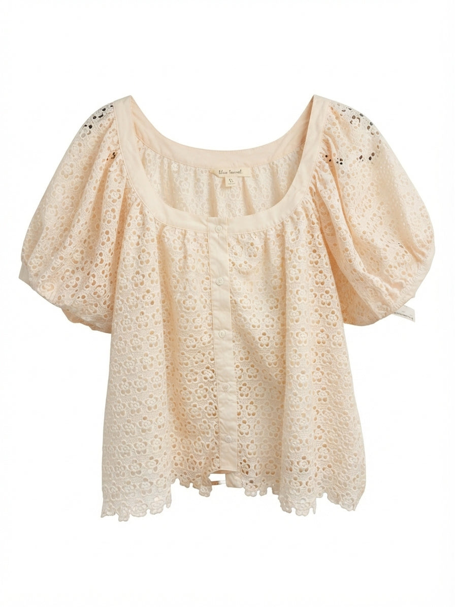 Anthropologie · Blue Tassel Lace Overlay Top · XLarge · Cream