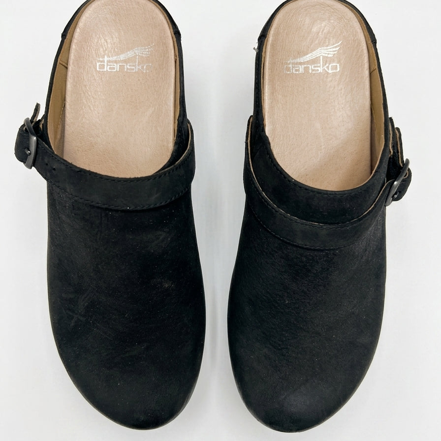 Dansko · Berry Burnished Nubuck Clogs w/ Buckle Detail · 8.5 · Black