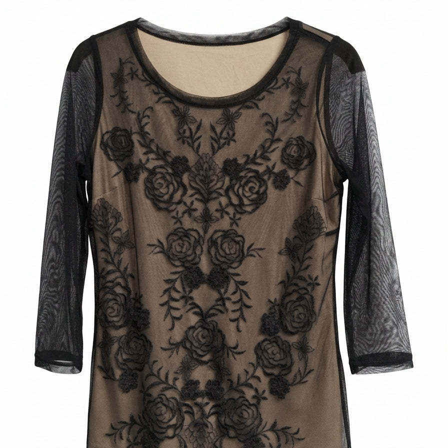 INC · Black Lace Detail Floral Design Top · Medium · Black