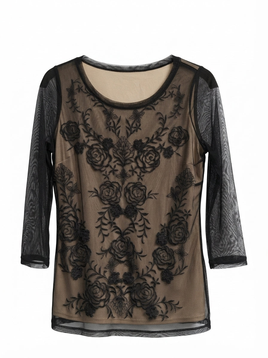 INC · Black Lace Detail Floral Design Top · Medium · Black