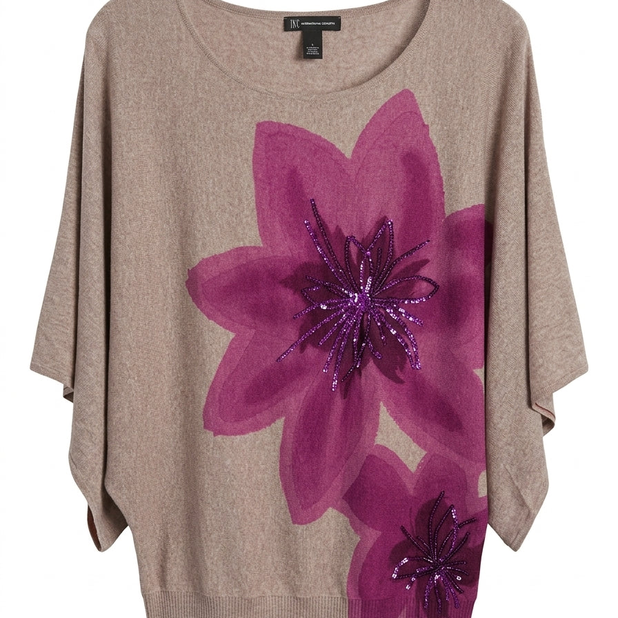 INC · KimonoSleeve Top with Sequin Flowers · Large · BeigeBerry